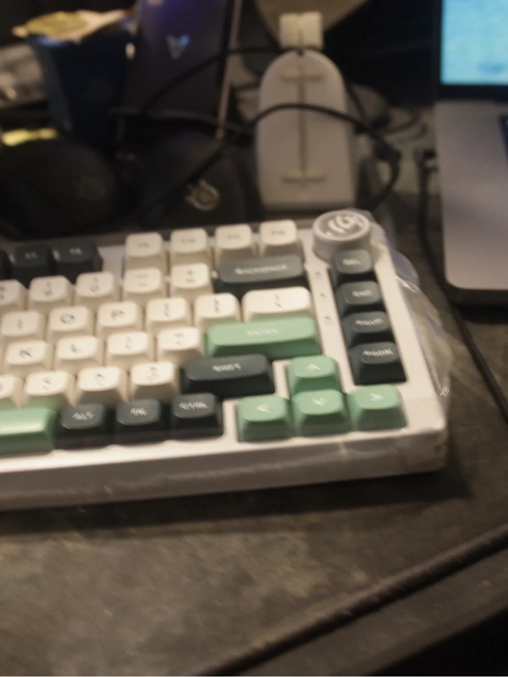 White Mechanical Keyboard with Mint and Dark Green Keycaps